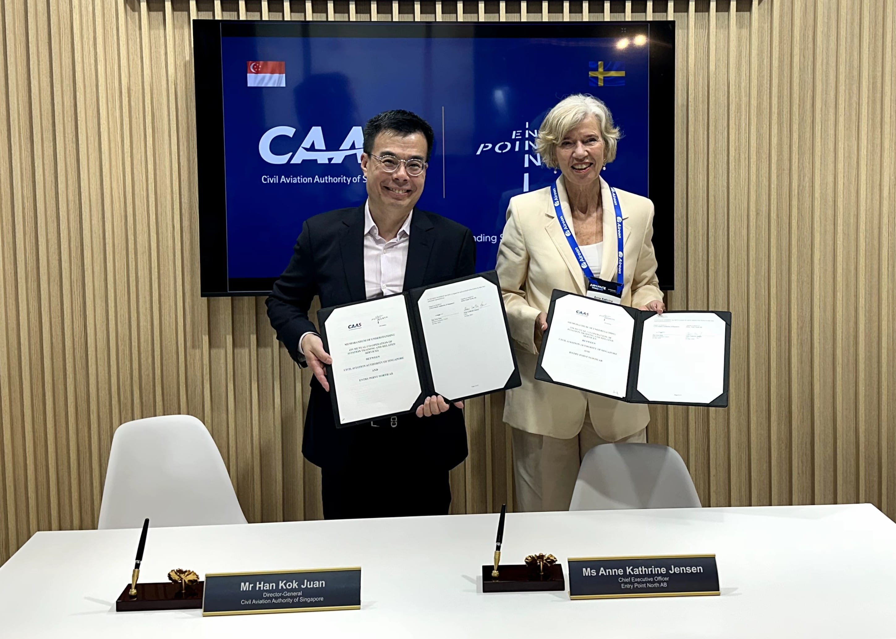 (From left) On 26 May 2026, Mr Han Kok Juan, Director-General of CAAS and Ms Anne Kathrine Jensen, Chief Executive Officer of Entry Point North, signed a Memorandum of Understanding to explore cooperation in air traffic services training and related services.
